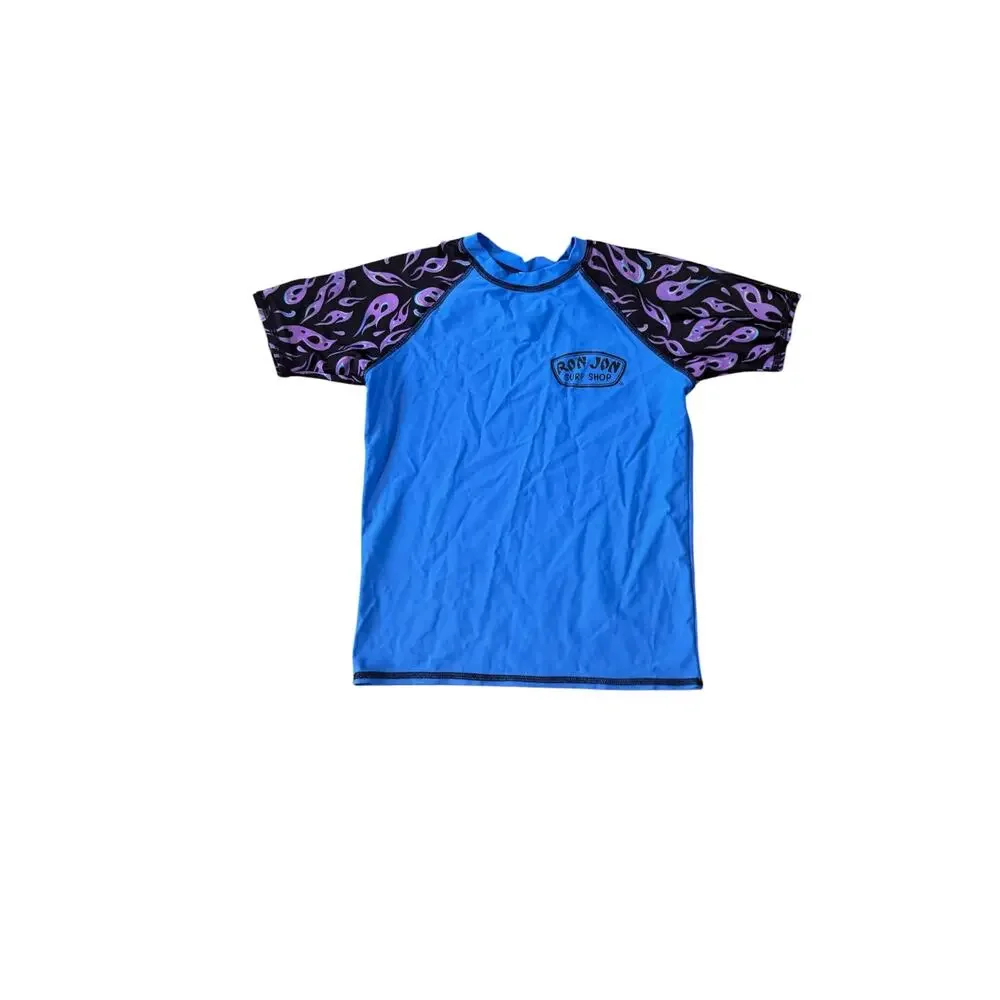Ron Jon Surf Shop Blue Purple Flame Rash Guard Surf Swim Shirt Youth Large Y2K